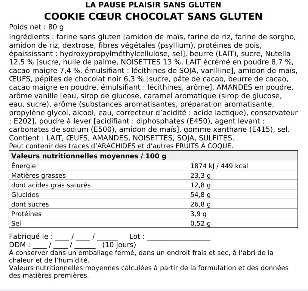 Cookie cœur chocolat sans gluten